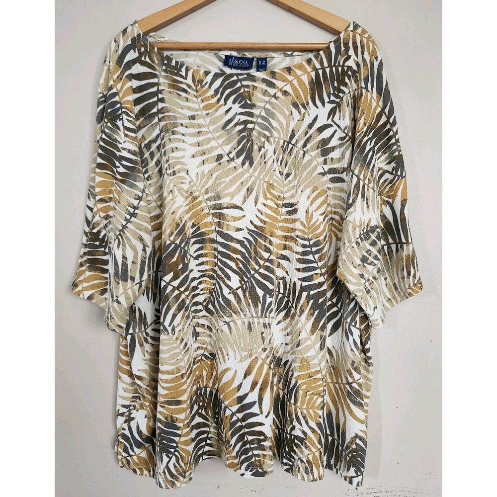 Denim & Co Beach Womens 3X Shirt Gauze Leaf Print Linen Blend Coastal Vacation